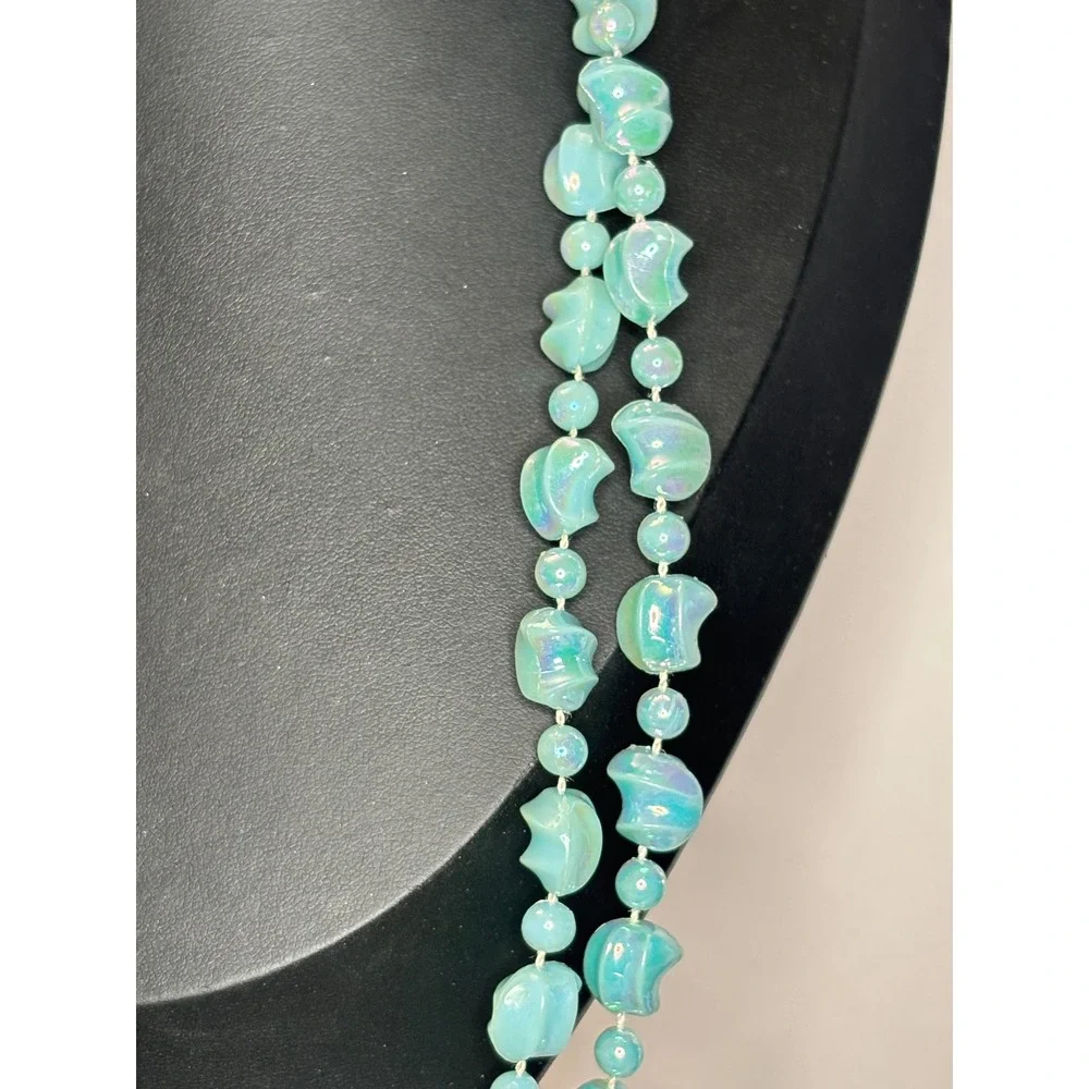 Vintage 60 Inch Flapper Necklace Iridescent Turquoise Blue Acrylic Bead Knotted